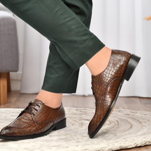 DDESIRE POINTER CROCK TAN LACE UP NON LEATHER SHOES
