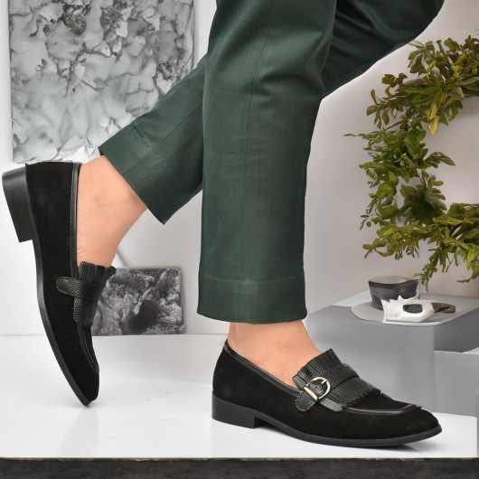 DDesire Black  Sued Loafer Flap strap Shoes